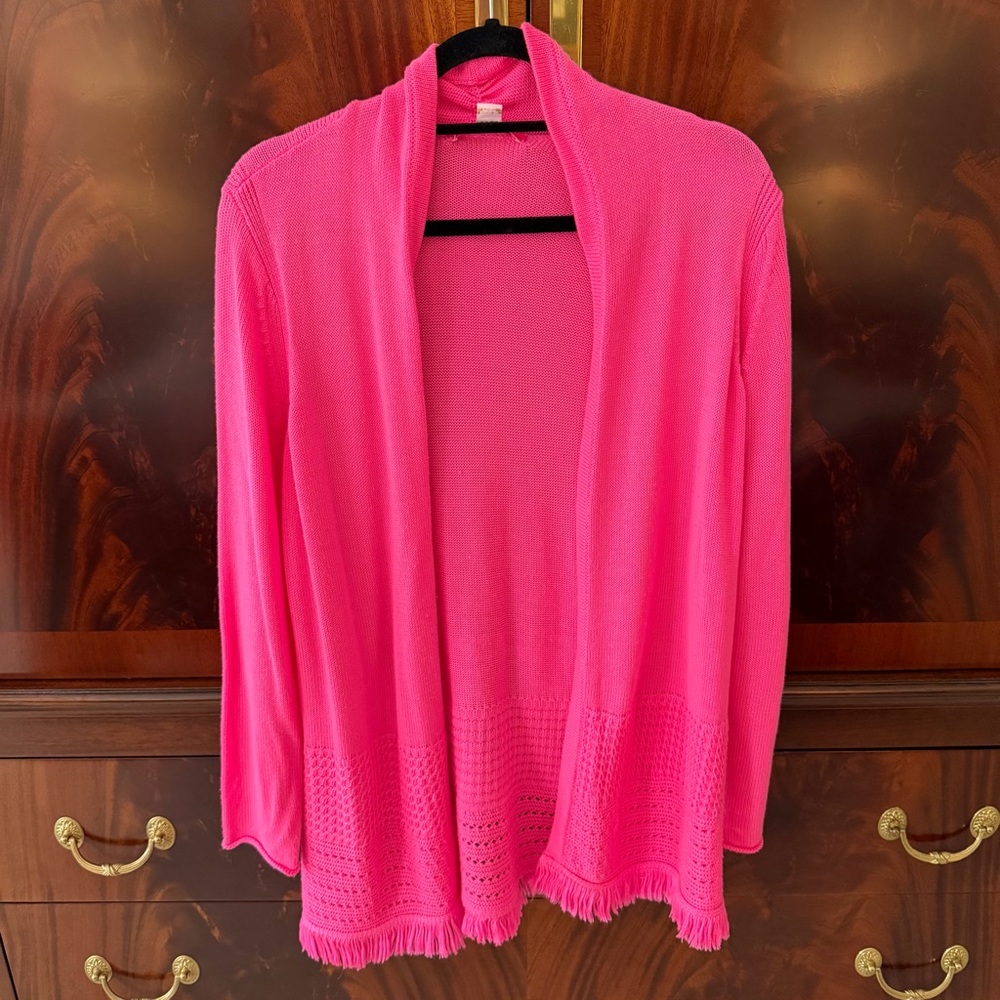 Lilly Pulitzer Noble Fringe Cardigan Deep Prosecco Pink - Picture 3 of 17